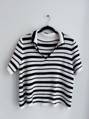 Striped Knit Polo Sweater - Black & White
